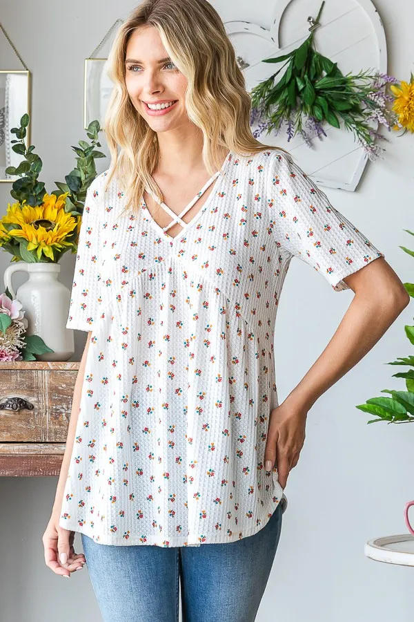 Full Size Crisscross Ditsy Floral Babydoll Top Plus Size, image 7