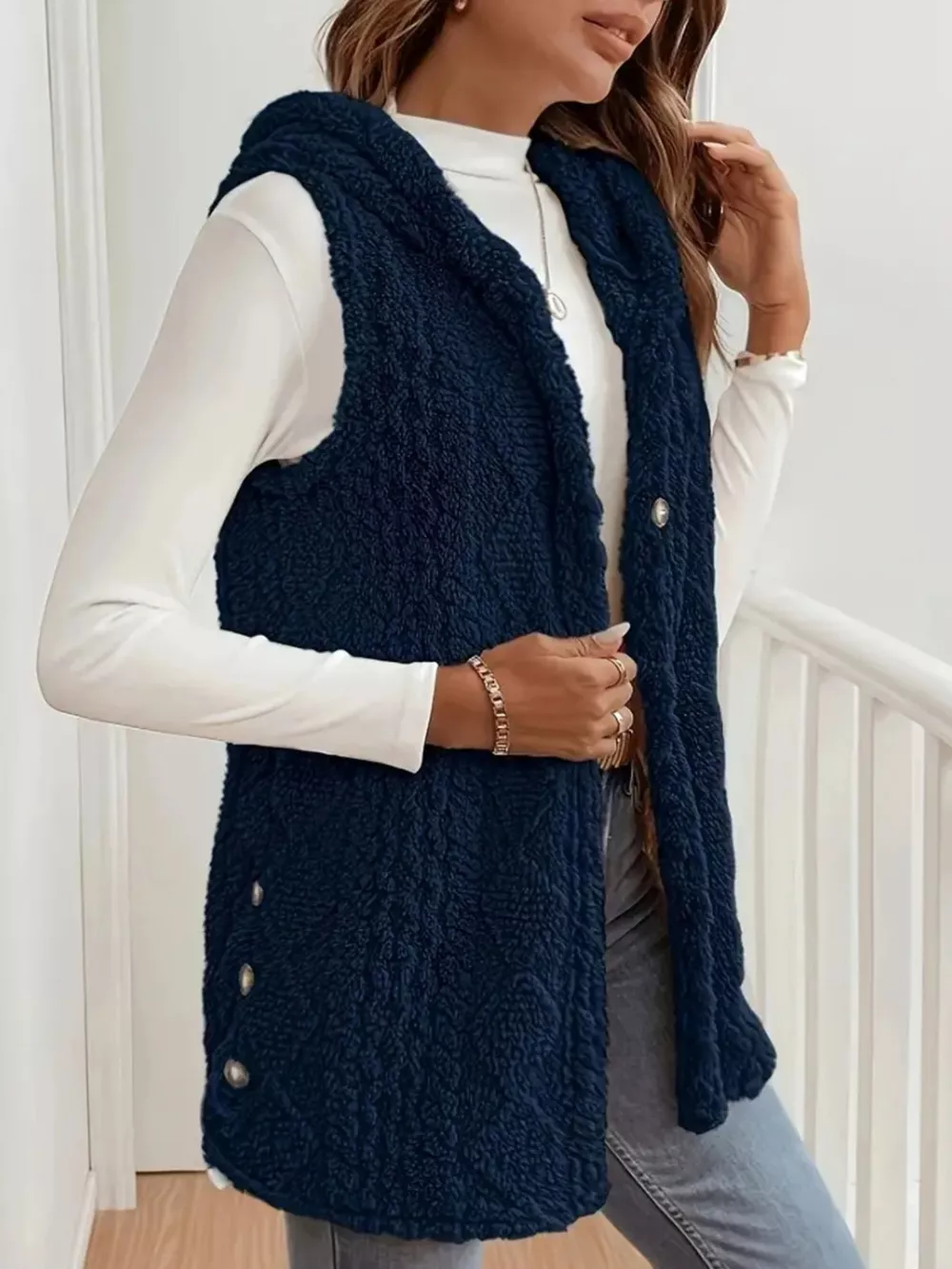 Button Up Plush Hooded Vest Coat, image 8