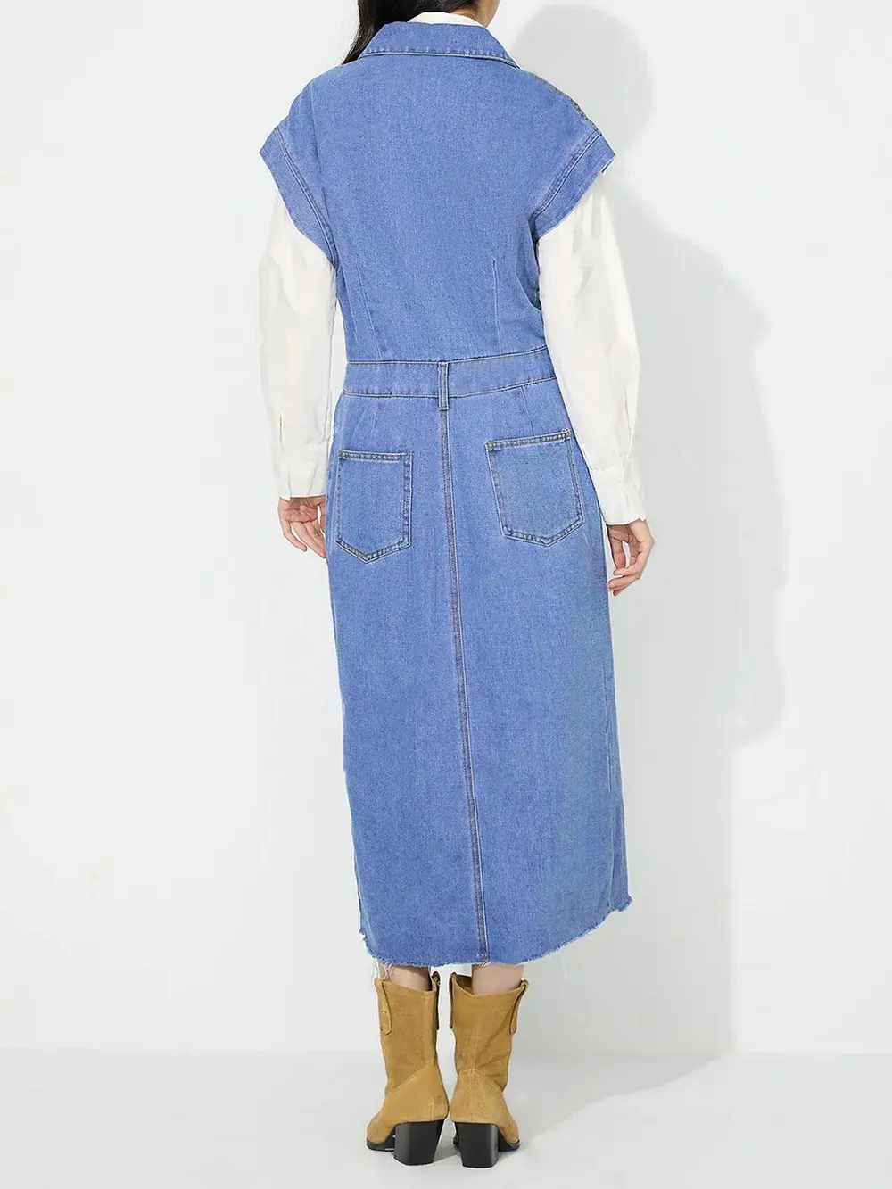 Slit Half Button Collared Neck Cap Sleeve Denim Dress, image 15