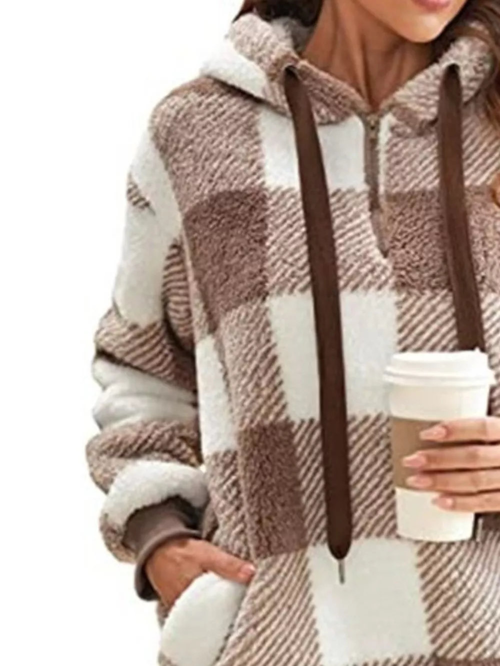 Full Size Plaid Sherpa Drawstring Hoodie Plus Size, image 6