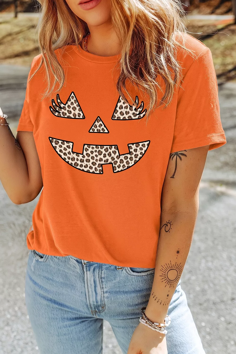 Halloween Pumpkin Face Leopard Graphic T-Shirt, image 3