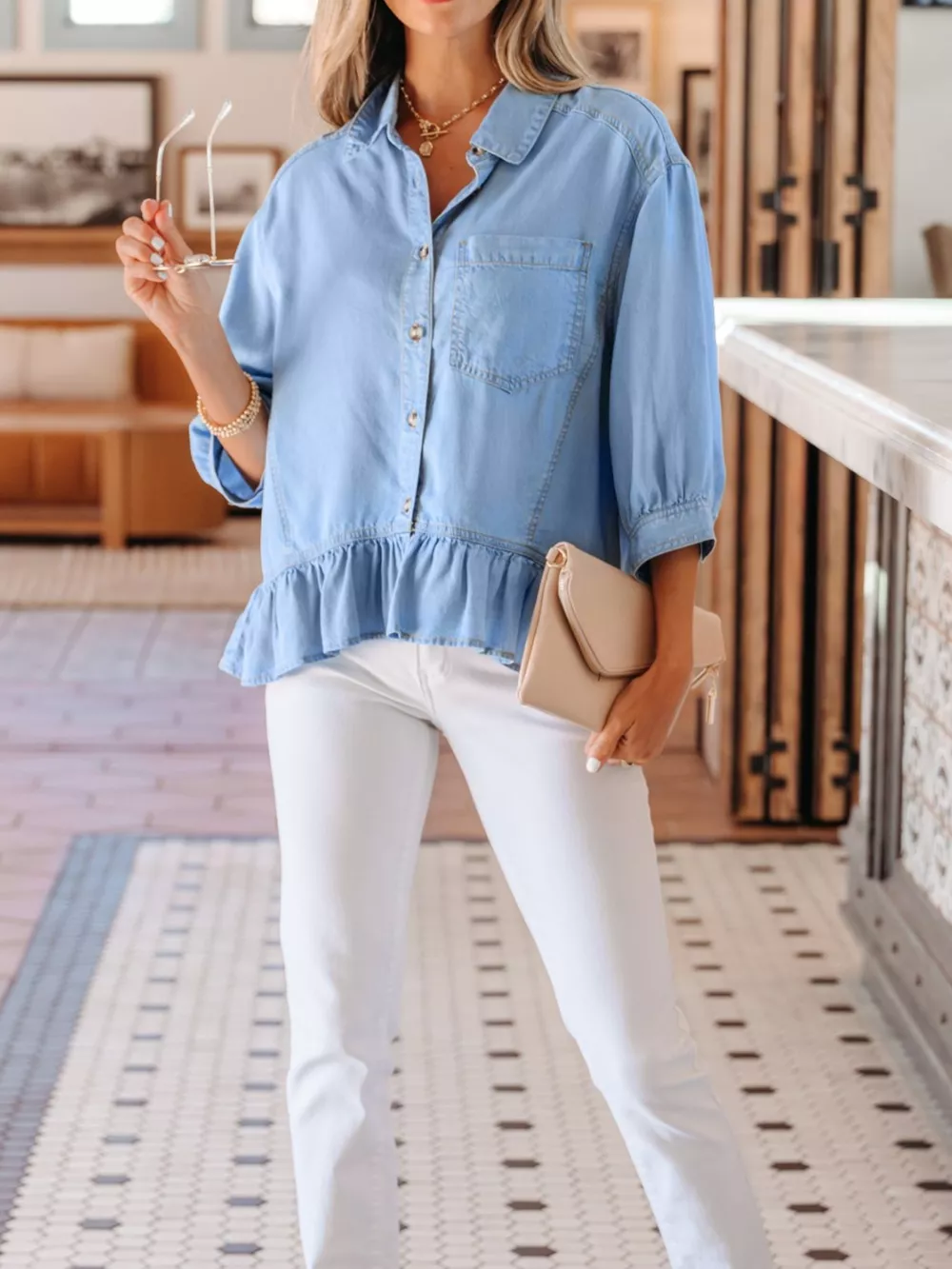 Half Sleeve Button Down Ruffled High Low Chambray Shirt, image 6