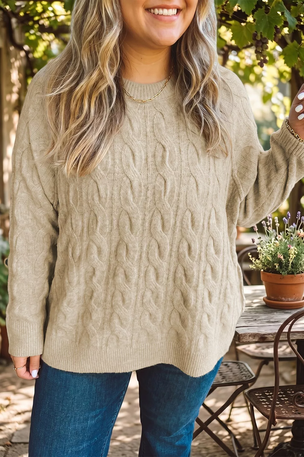 Plus Size Oversized Cable Knit Long Sleeve Round Neck Sweater, image 2