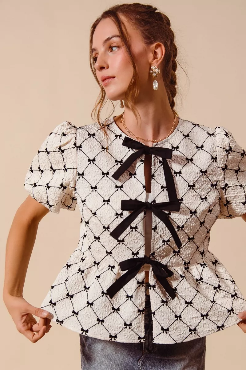 Bow Texture Woven Peplum Top With Contrast Tie, image 10
