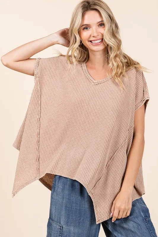 Mineral Wash Waffle Knit Pointed Hem Oversized Top