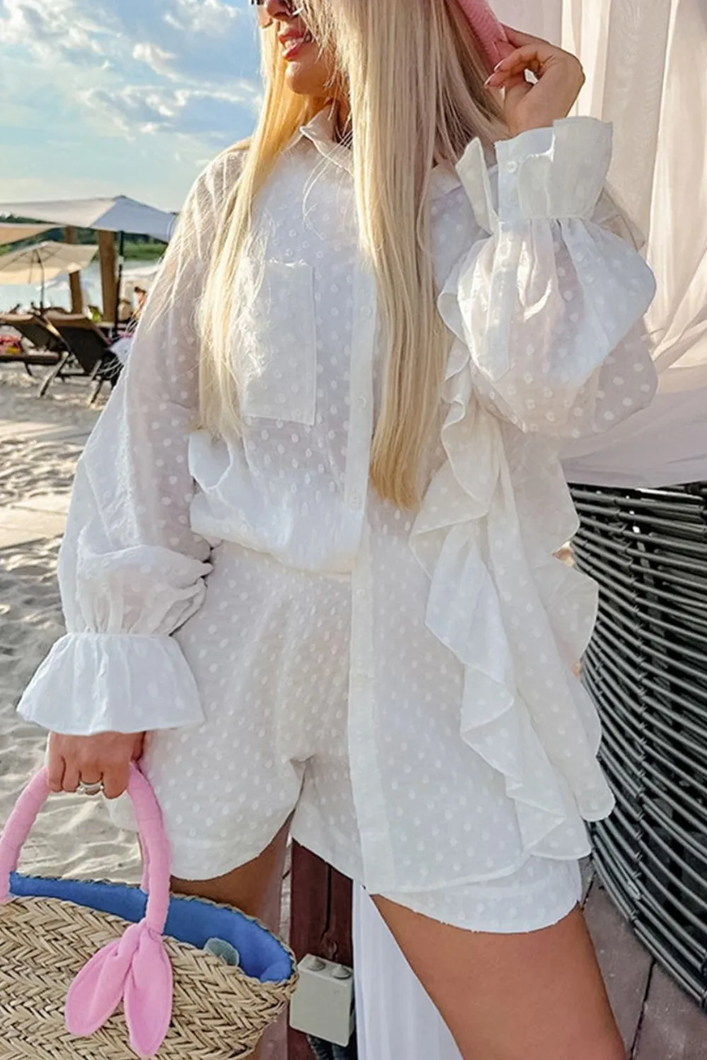 Ruffled Dot Applique Collared Neck Top and Shorts Set, image 2