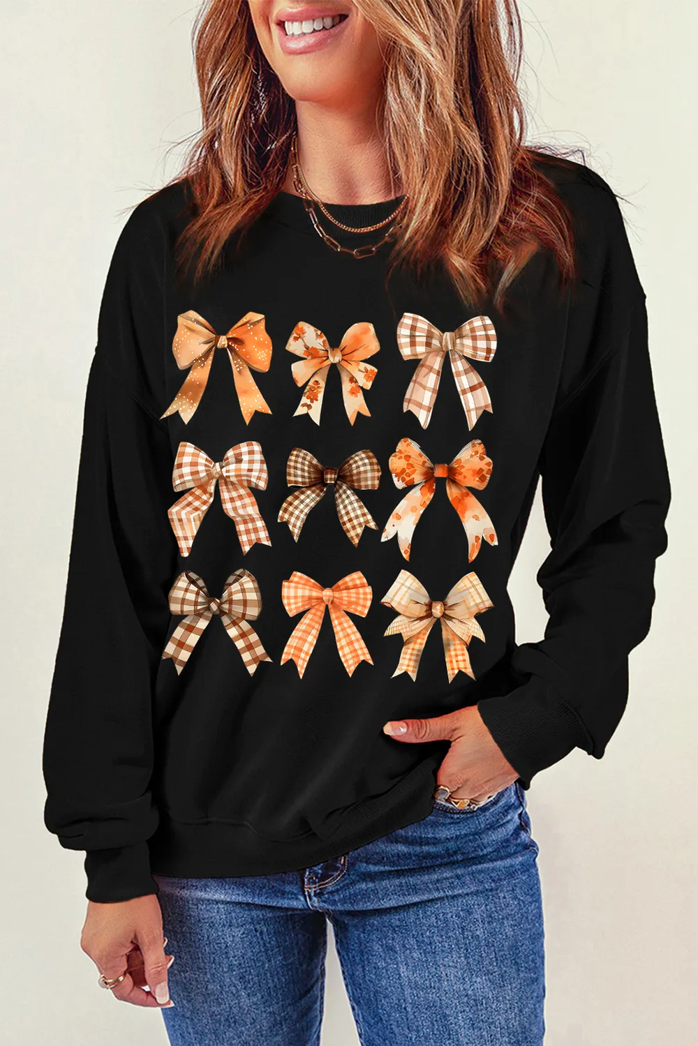 Bow Graphic Round Neck Long Sleeve Sweatshirt, image 3
