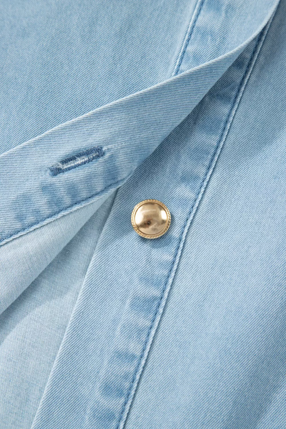 Full Buttons Collared Short Bubble Sleeve Long Denim Dress, image 14