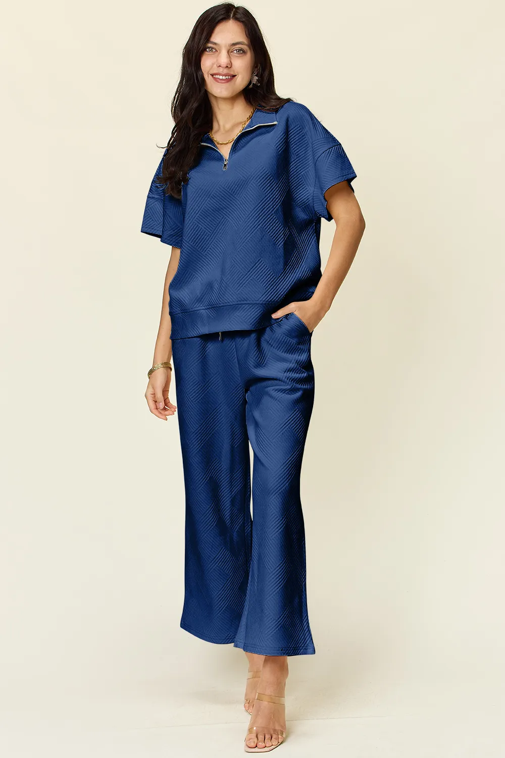 Full Size Texture Half Zip Short Sleeve Top and Pants Set, image 28