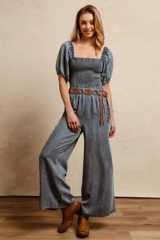 Smocked Washed Puff Sleeve Square Neck Denim Jumpsuit