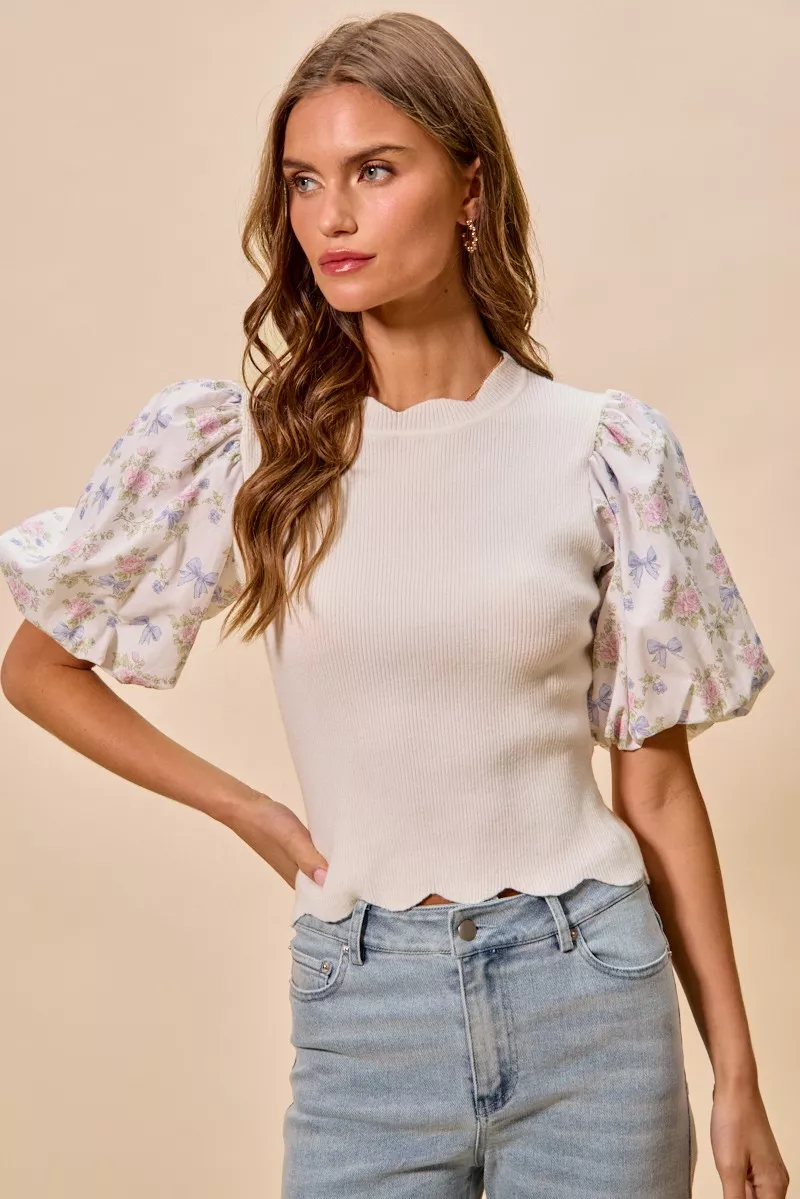 Floral Cotton Contrast Sleeves Scallop Sweater Top, image 4