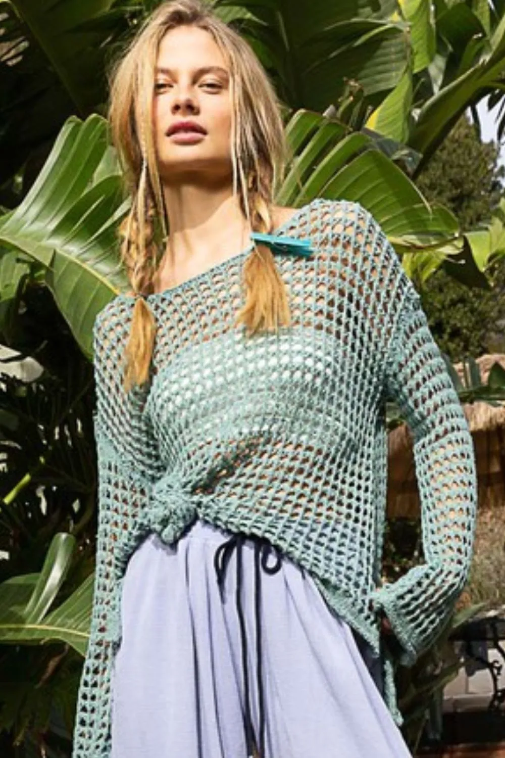 Side Slit Openwork Long Sleeve Knit Cover Up, image 3