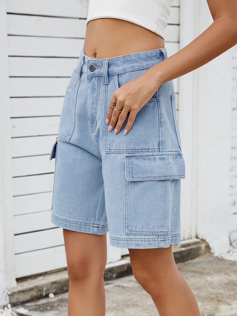 High Waist Denim Shorts with Cargo Pockets, image 10