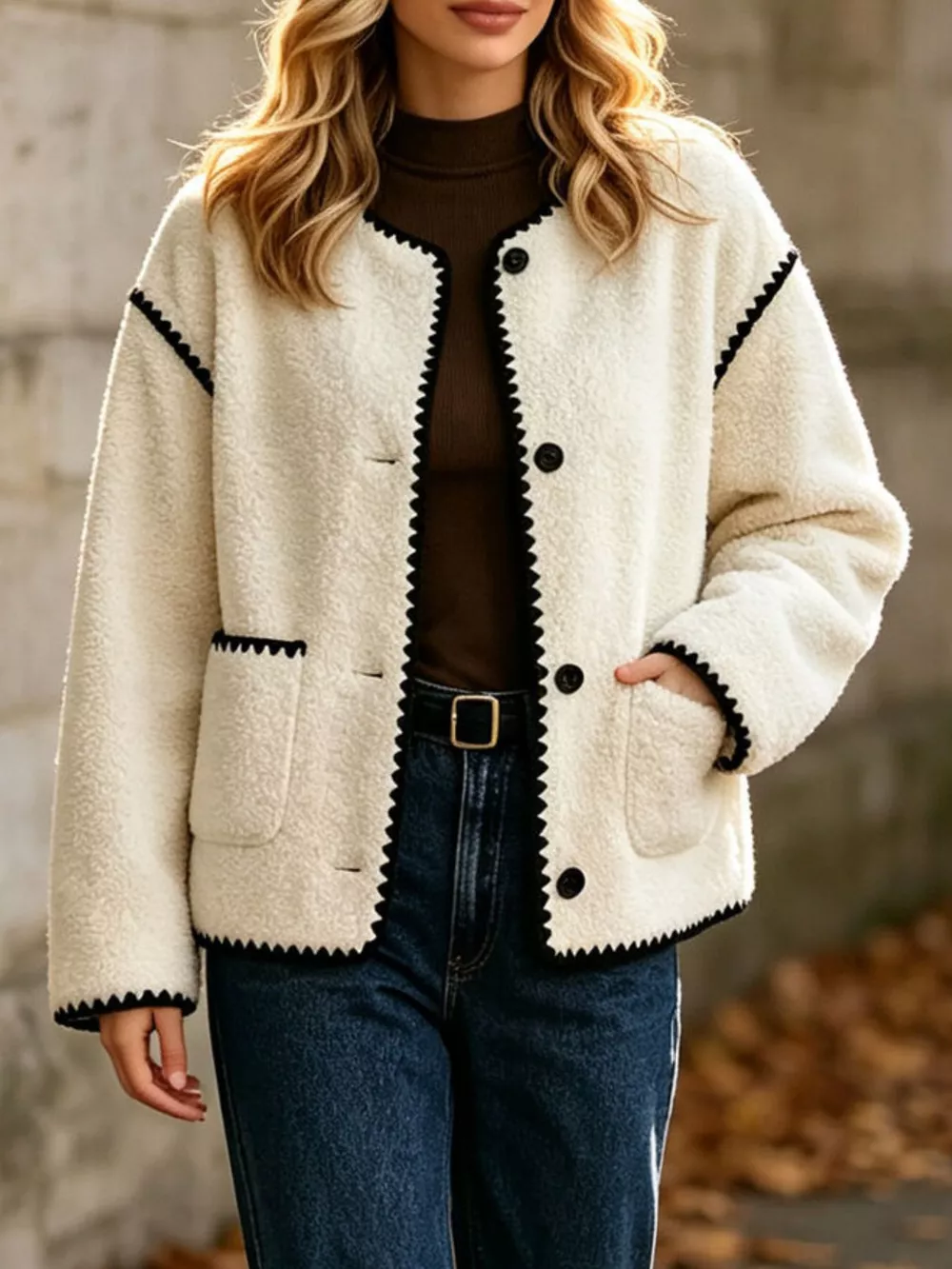 Faux Shearling Contrast Trim Button-Down Outerwear