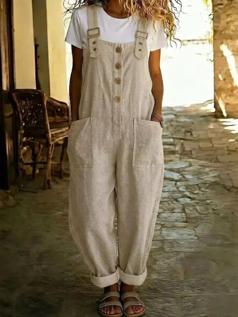 Casual Button Front Wide Leg Overalls, image 7