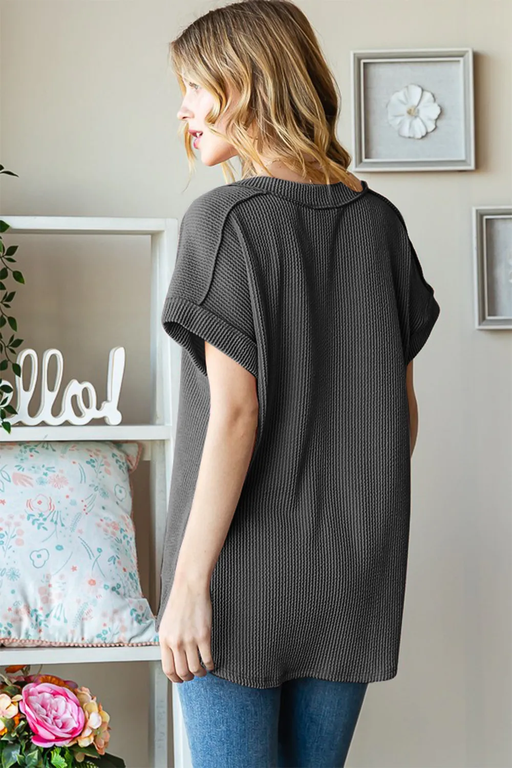 Full Size Exposed Seam Short Sleeve Ribbed Top, image 2