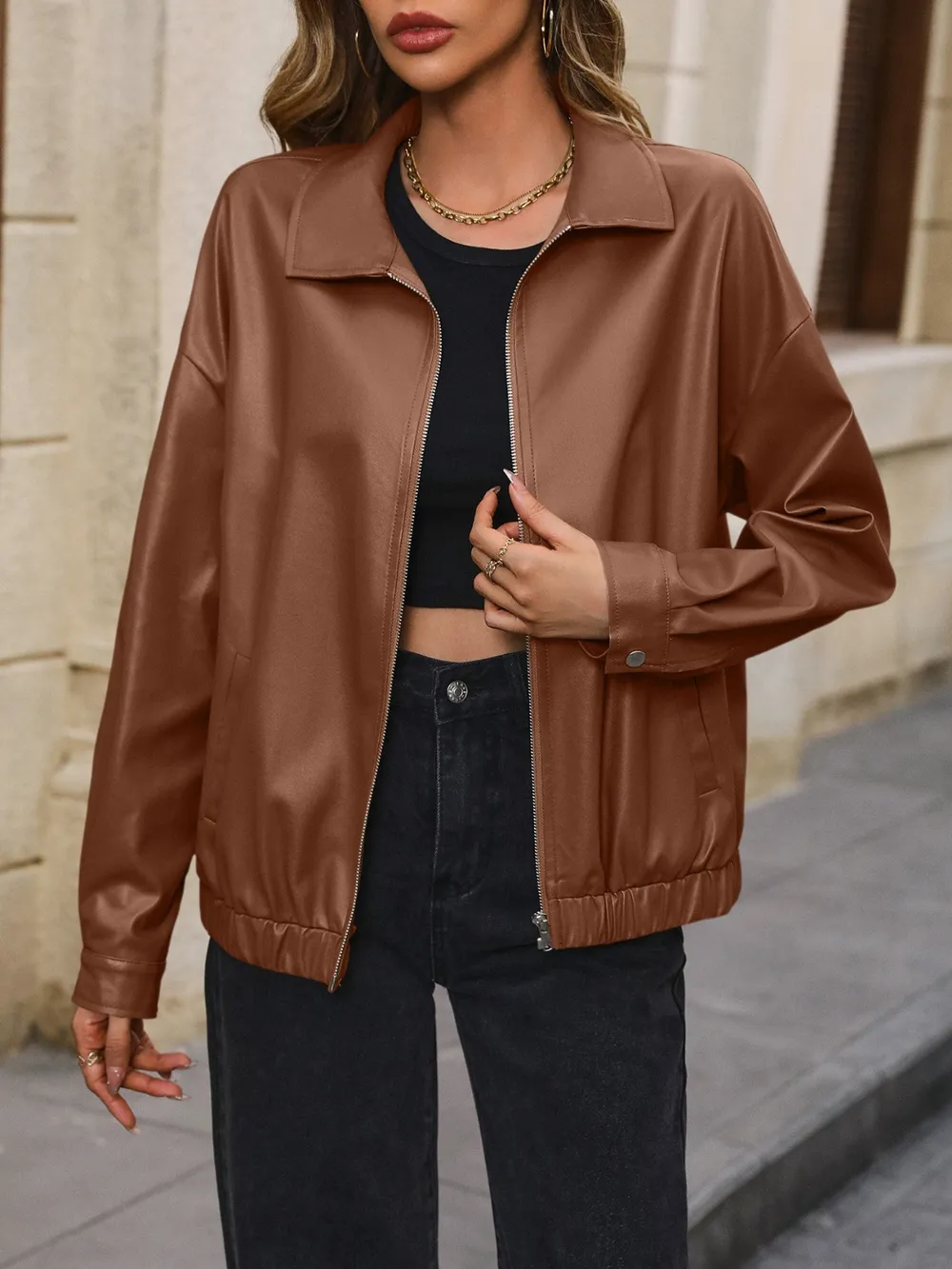 Pocketed Zip Up Collared Neck Jacket, image 8