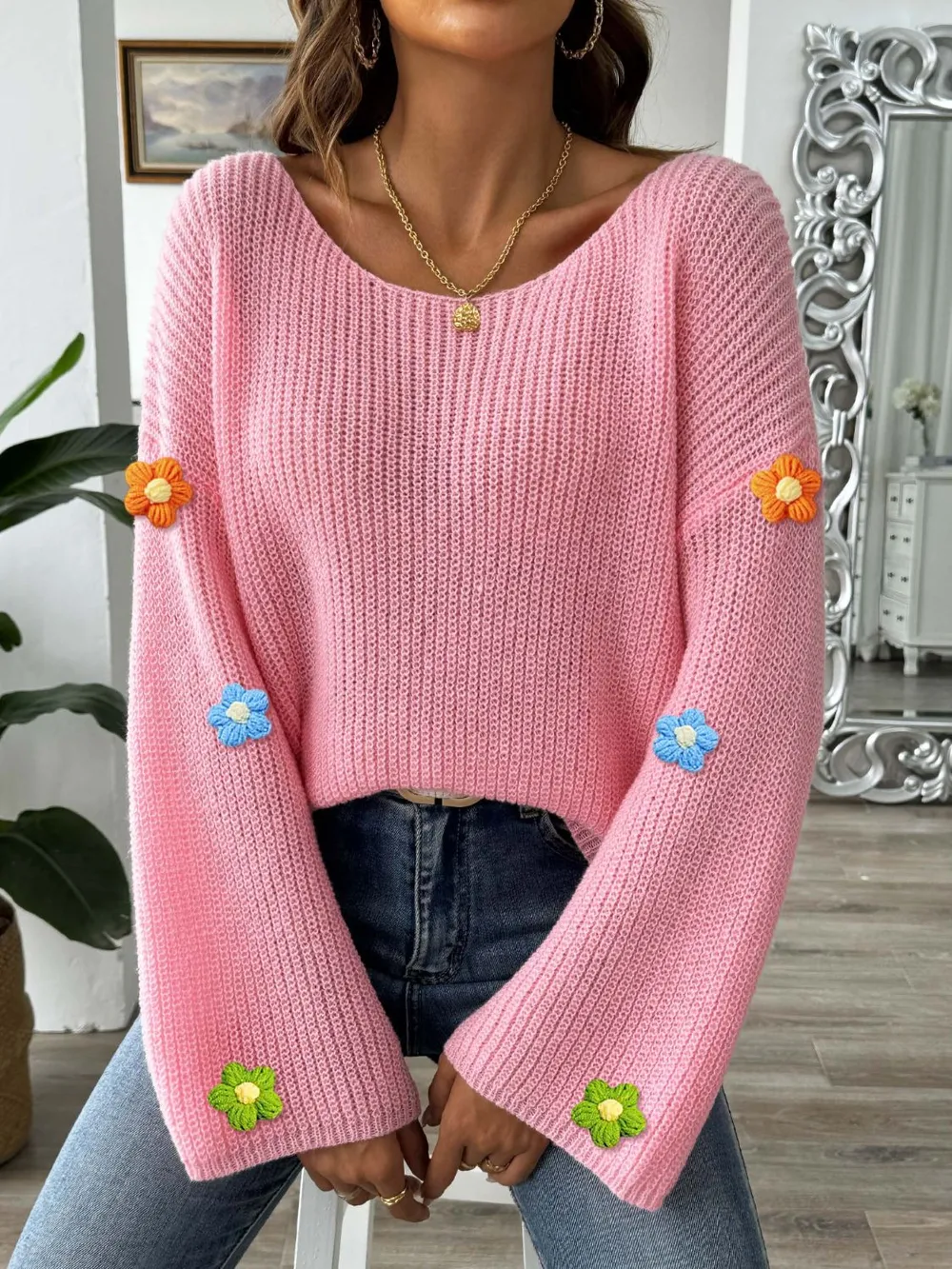 Flower Round Neck Long Sleeve Sweater, image 2