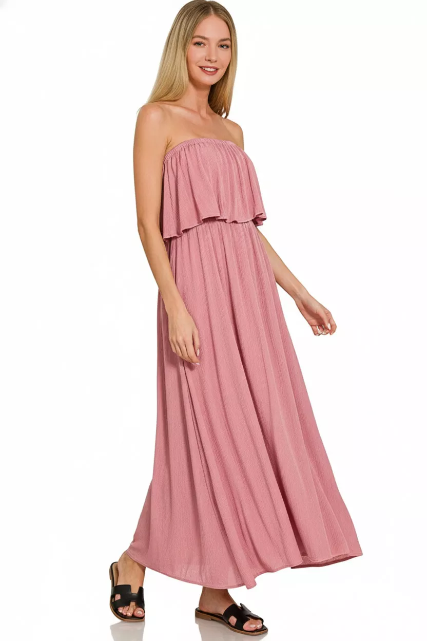 Woven Crinkle Strapless Maxi Dress, image 2