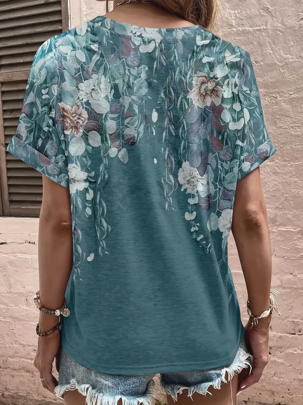 Full Size Printed Notched Short Sleeve Blouse, image 29