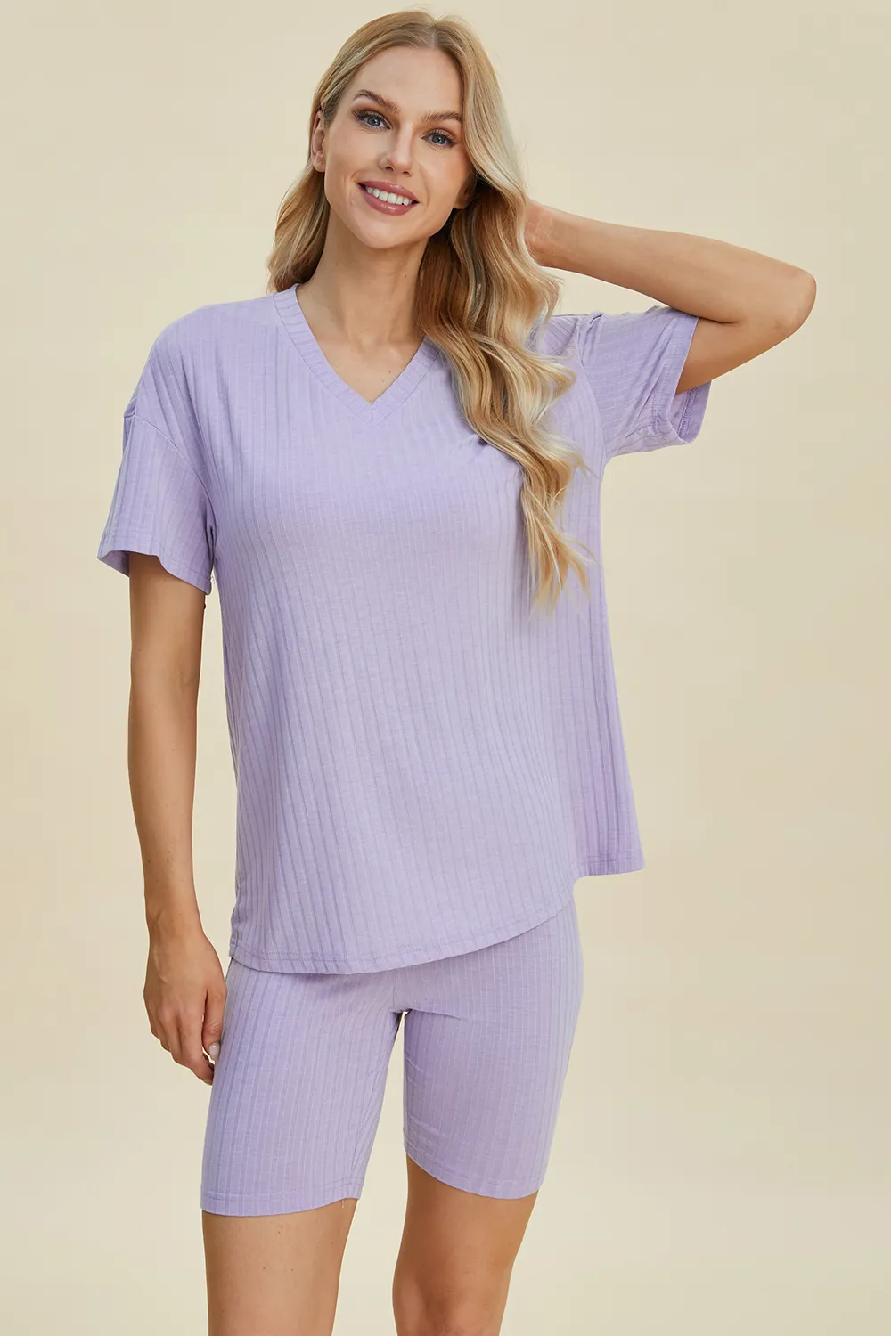 Full Size Ribbed V-Neck Short Sleeve Top and Shorts Set, image 26