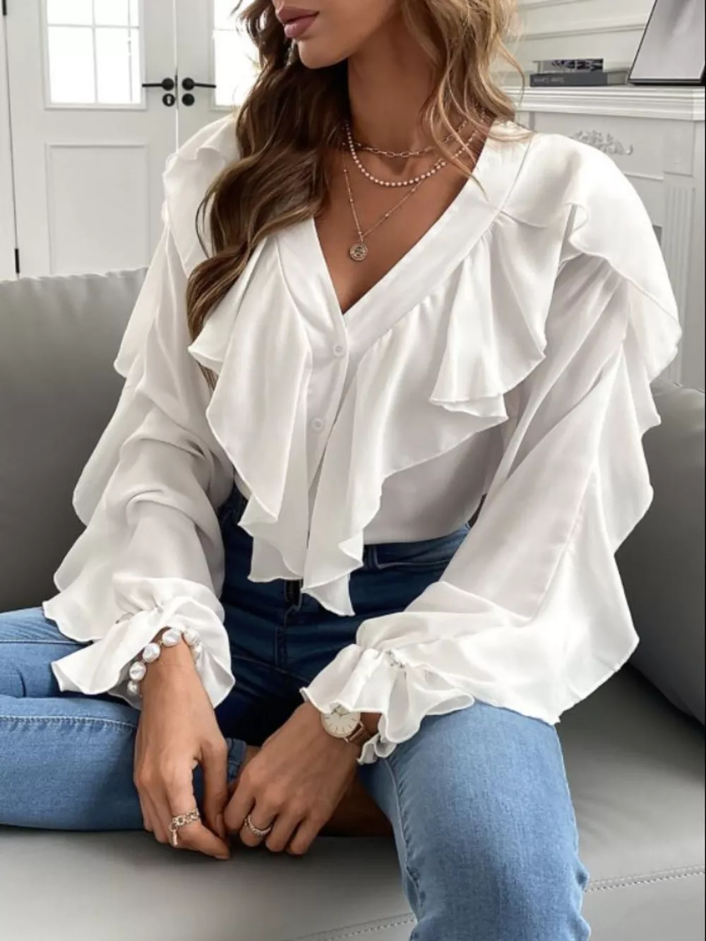 Full Size Ruffle Trim V-Neck Shirt Plus Size, image 4