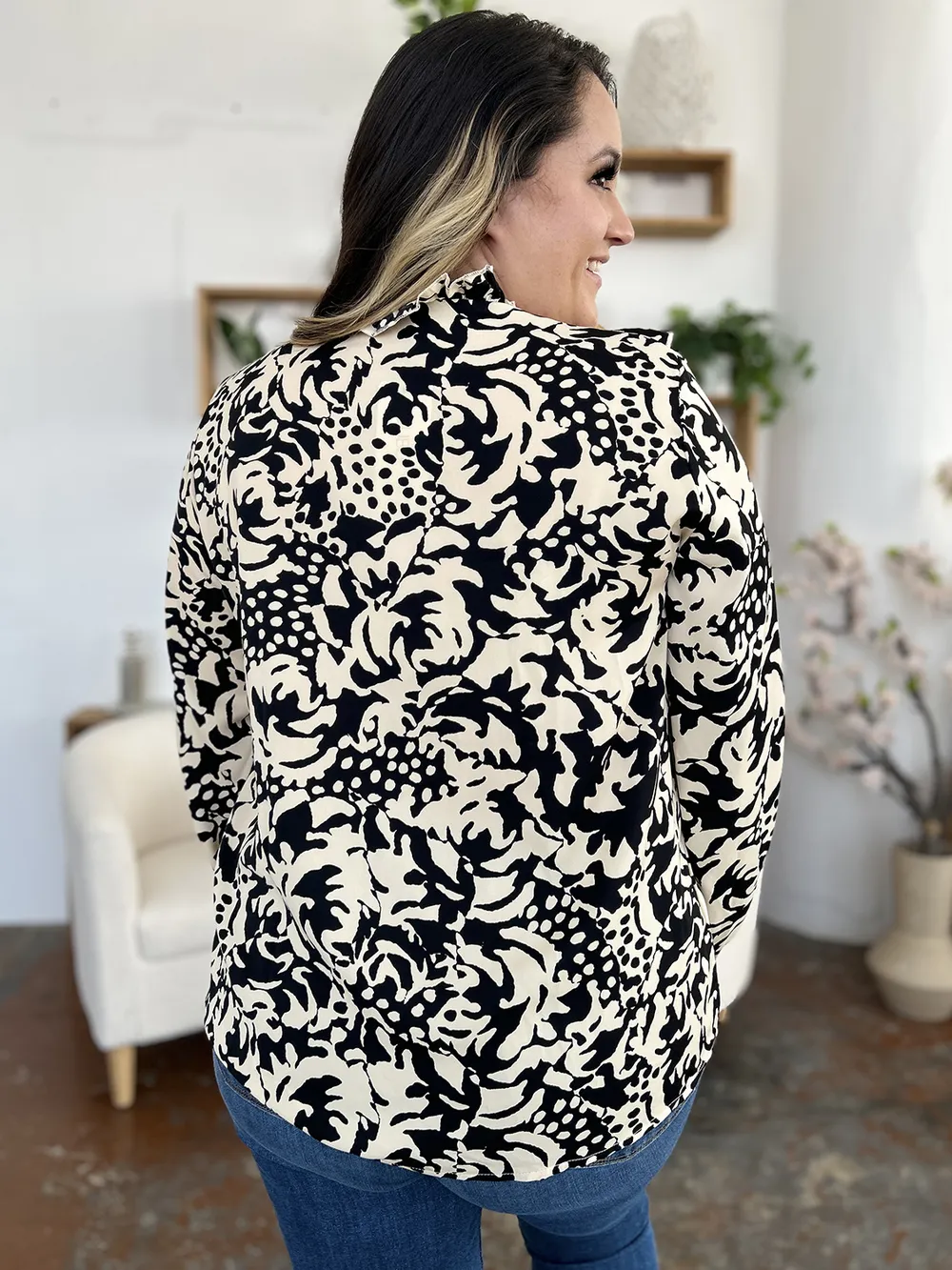 Full Size Printed Ruffle Trim Balloon Sleeve Shirt, image 6