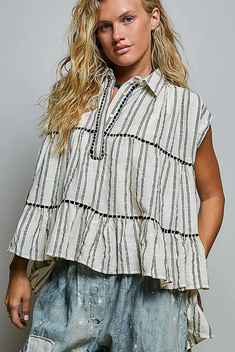 POL Striped Ruffle Collared Sleeveless Cotton Top