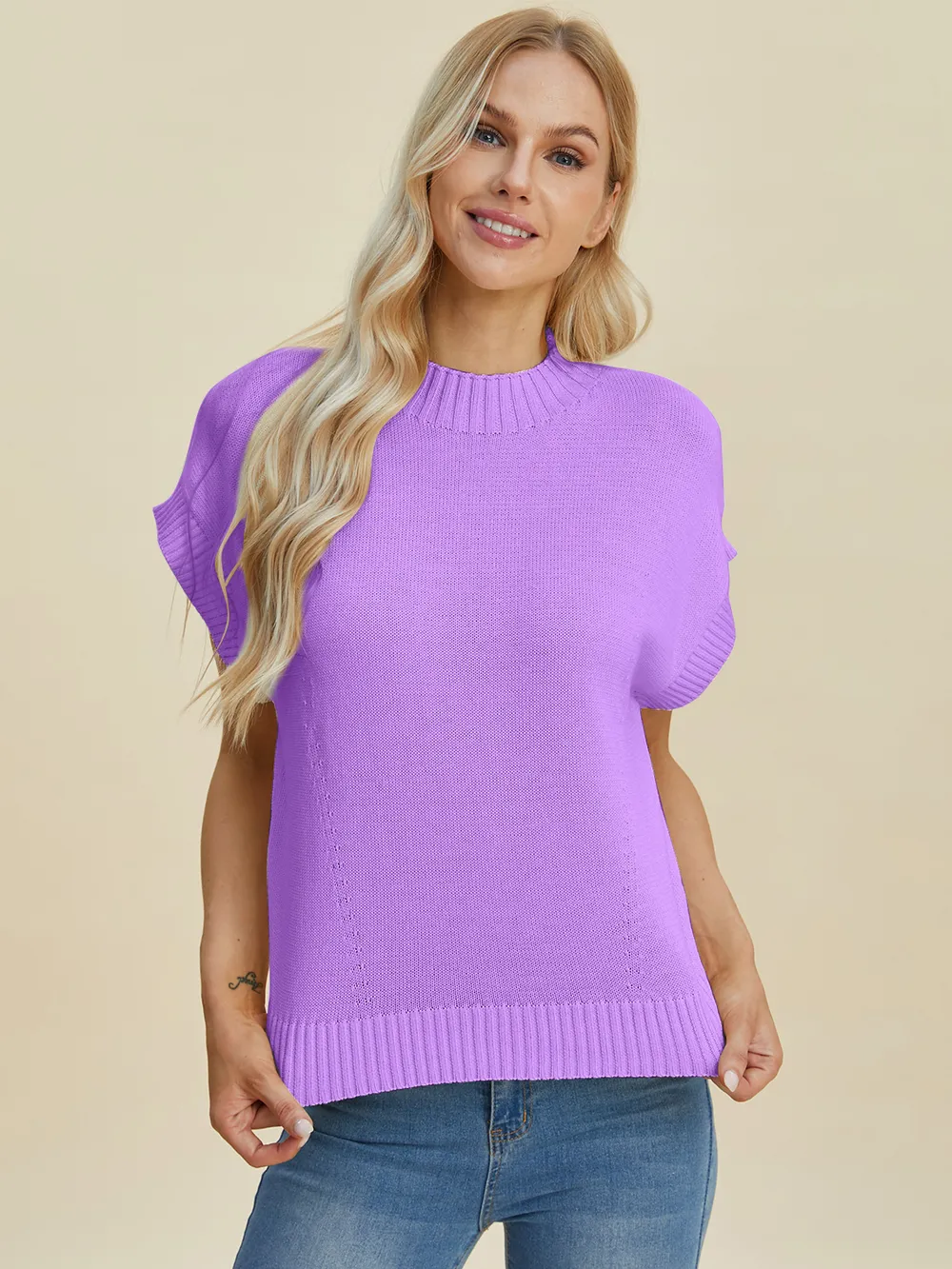 Full Size Mock Neck Short Sleeve Sweater, image 29