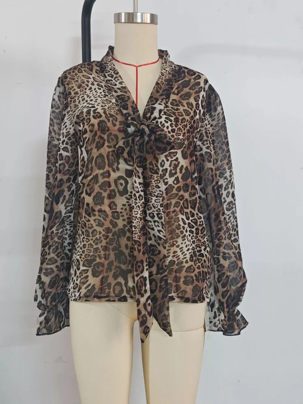 Leopard Print Chiffon Blouse with Tie-Neck and Long Sleeves, image 4