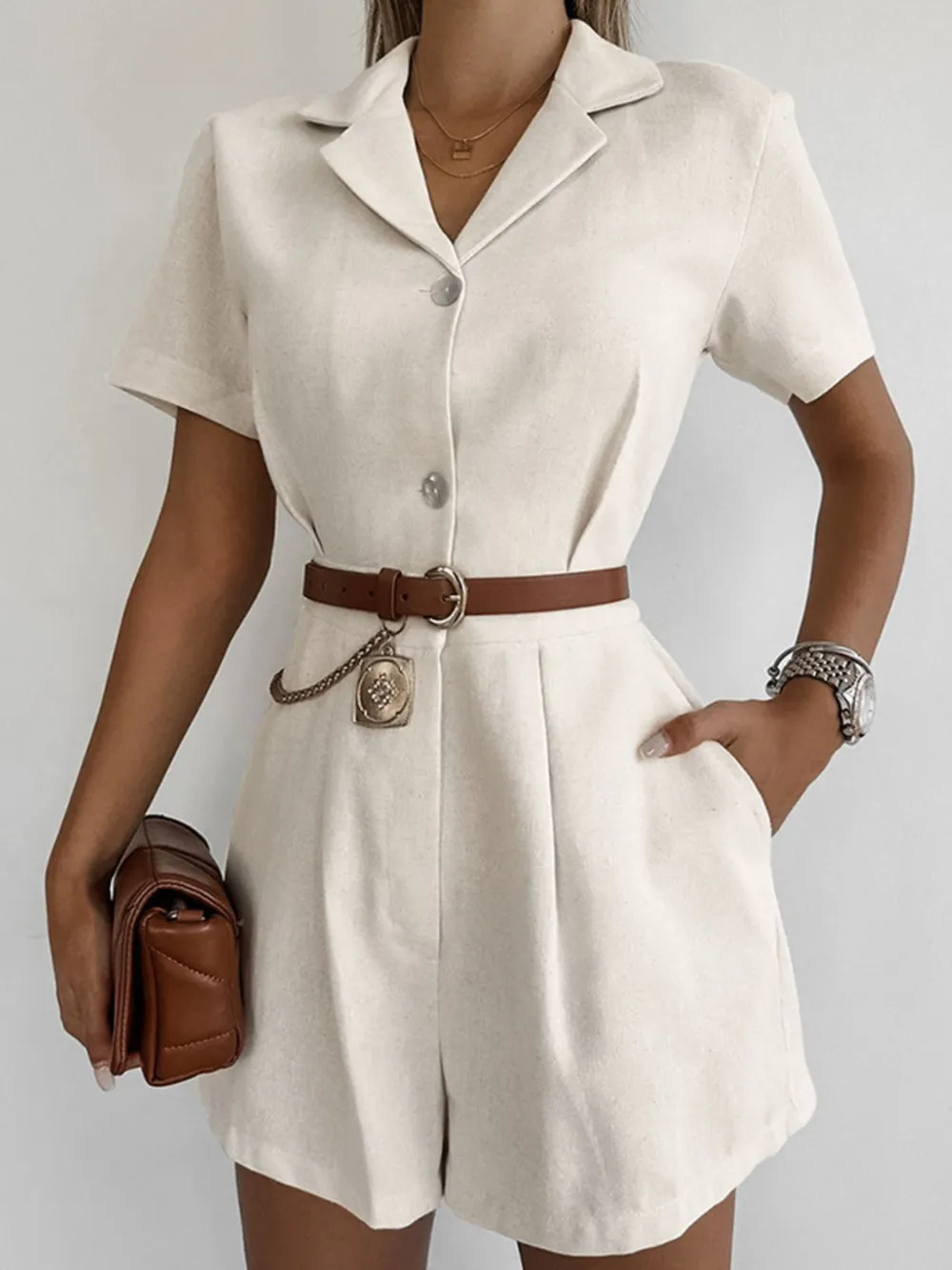 Button-Front Short Sleeve Romper, image 4