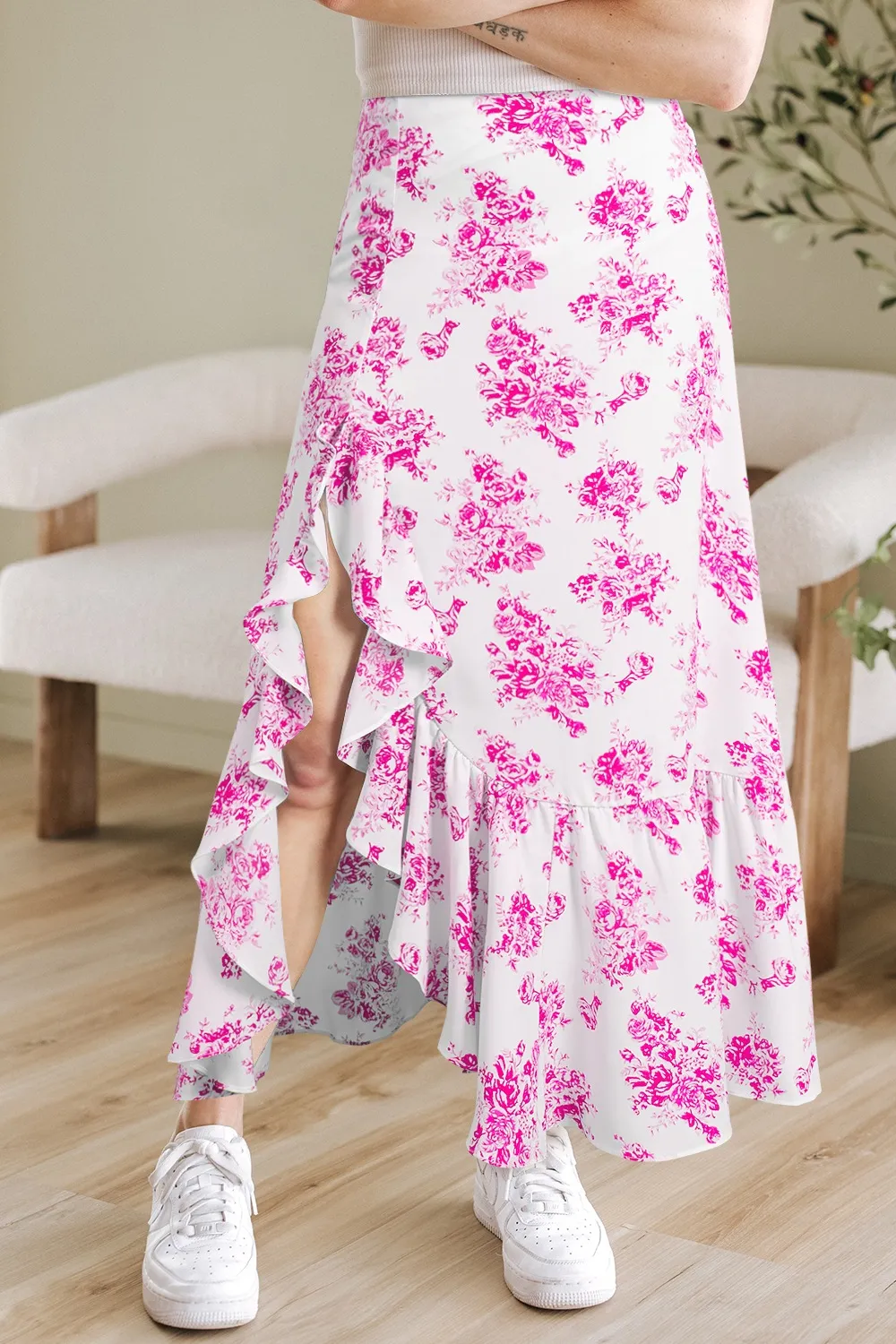 Boho Floral High Waist Ruffle Split Maxi Skirt, image 10