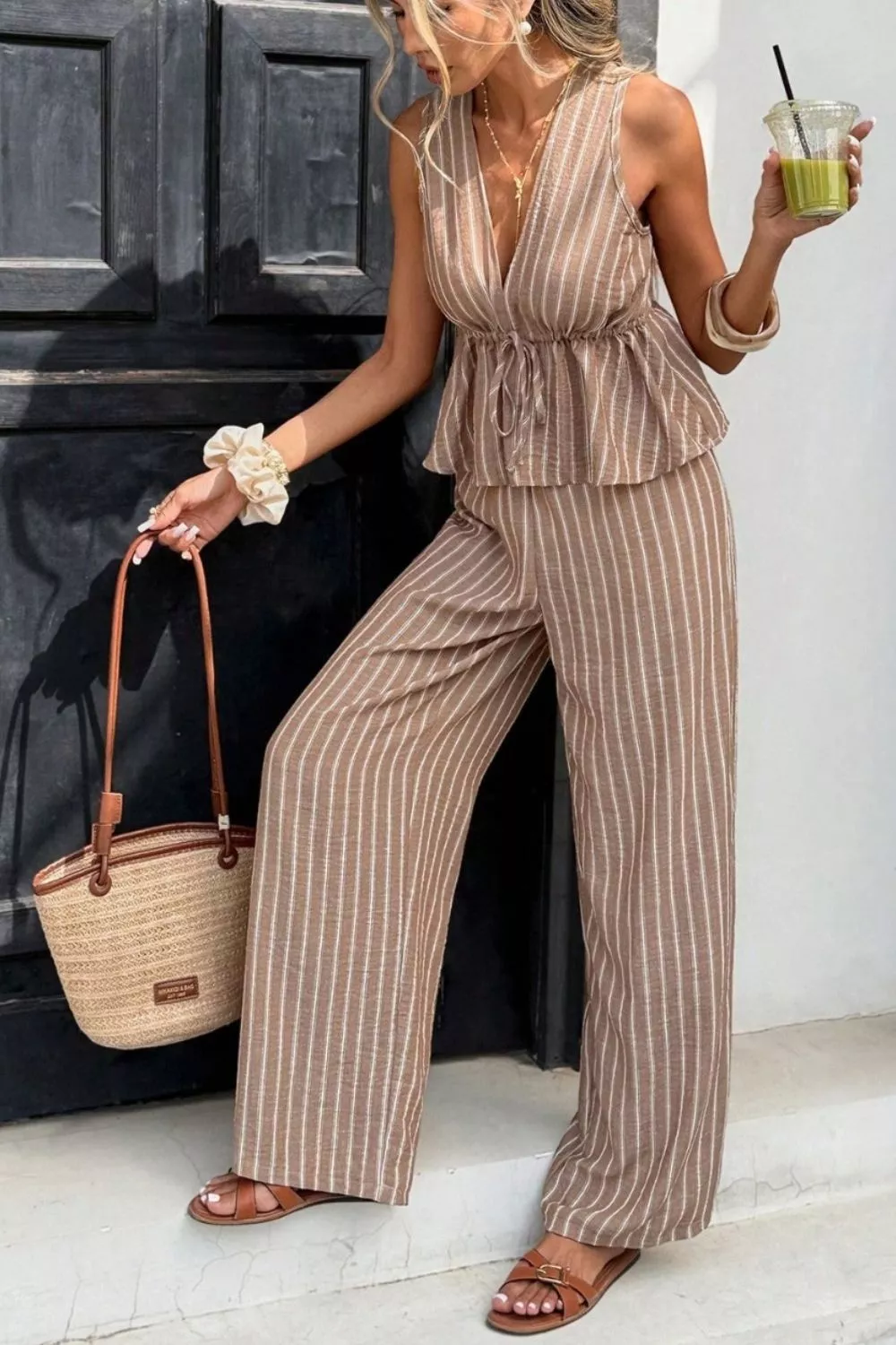 Striped Sleeveless Top and Wide Leg Pants Set, image 2
