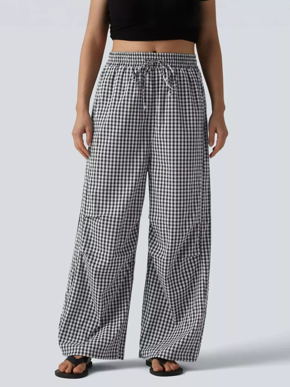 High-Waisted Gingham Wide-Leg Drawstring Pants, image 8