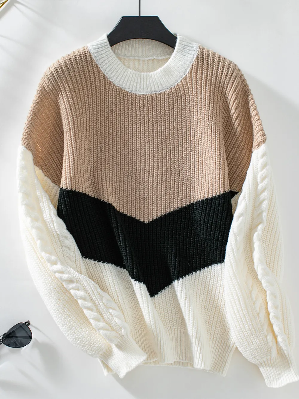 Contrast Round Neck Long Sleeve Sweater, image 8