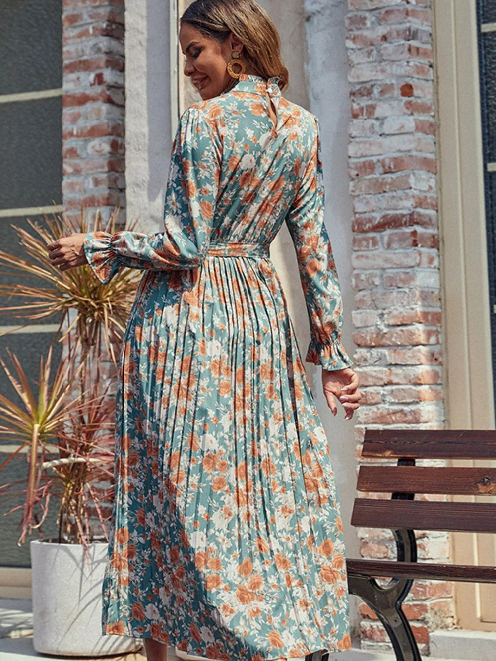 Tied Pleated Printed Mock Neck Long Sleeve Dress, image 5