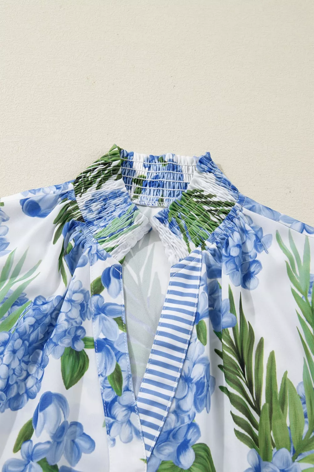 Palm Floral Print Striped Patchwork V Neck Short Sleeve Blouse, image 8