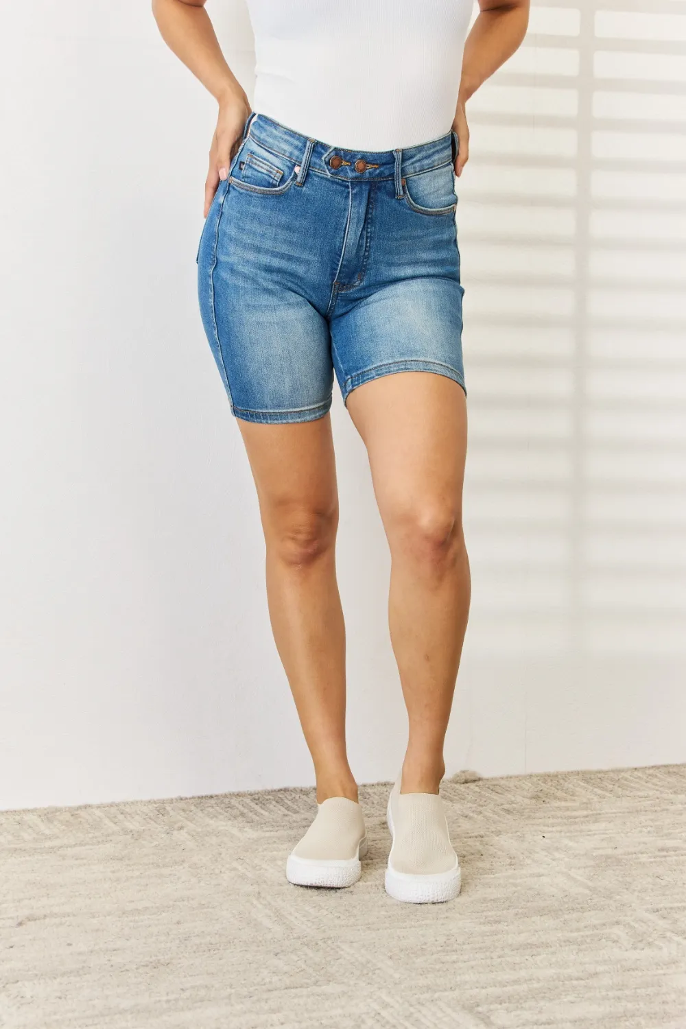 Full Size Tummy Control Double Button Bermuda Denim Shorts, image 6