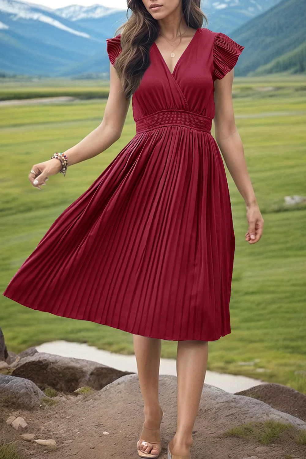 Tied Smocked Waist Flutter Sleeve Dress, image 10