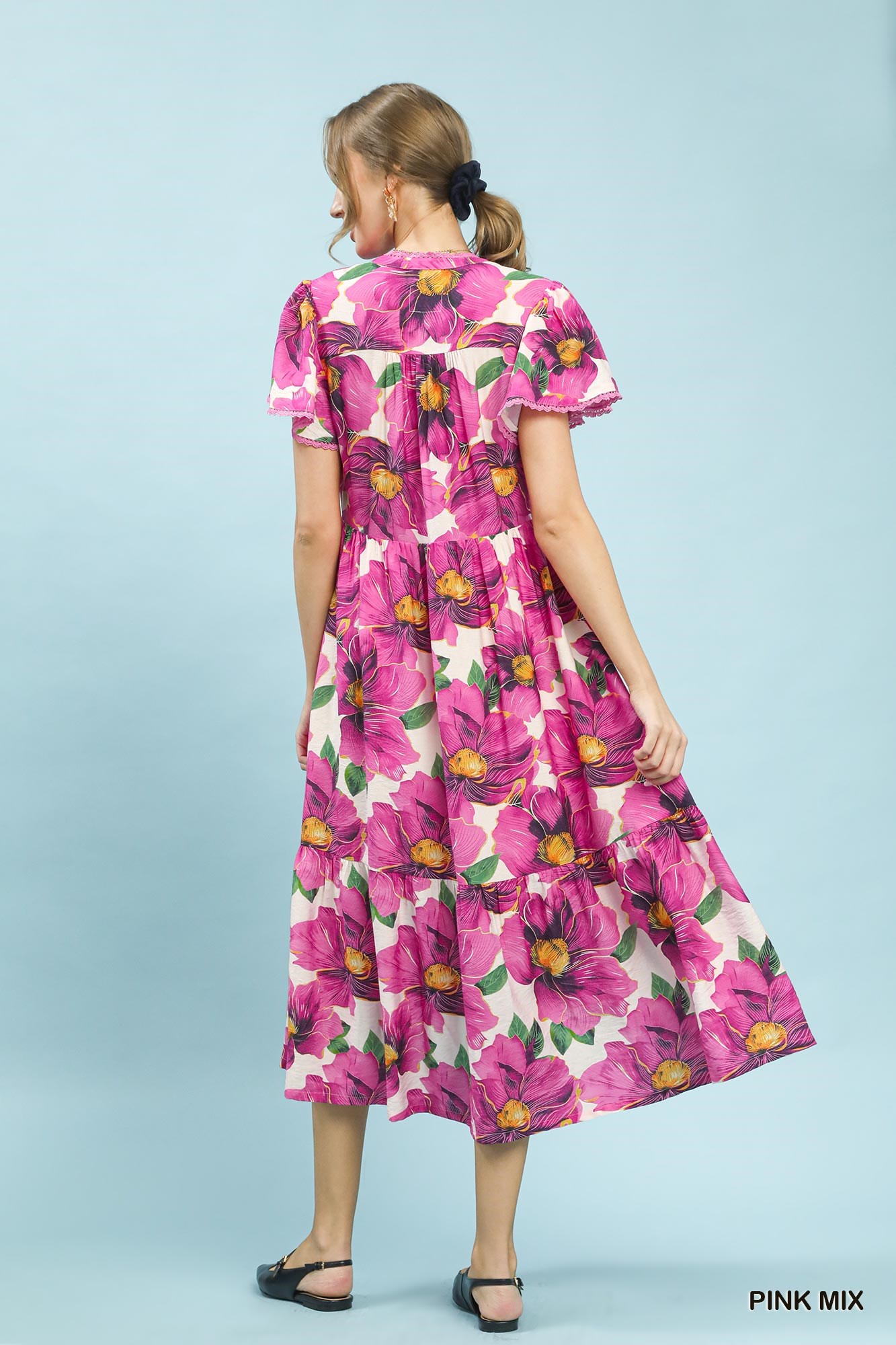 Tropical Floral V-Neck Flutter Sleeve Tiered Midi Dress, image 3