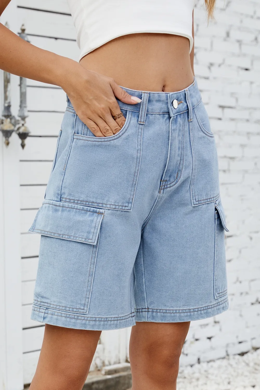 High Rise Denim Shorts with Cargo Pockets, image 12