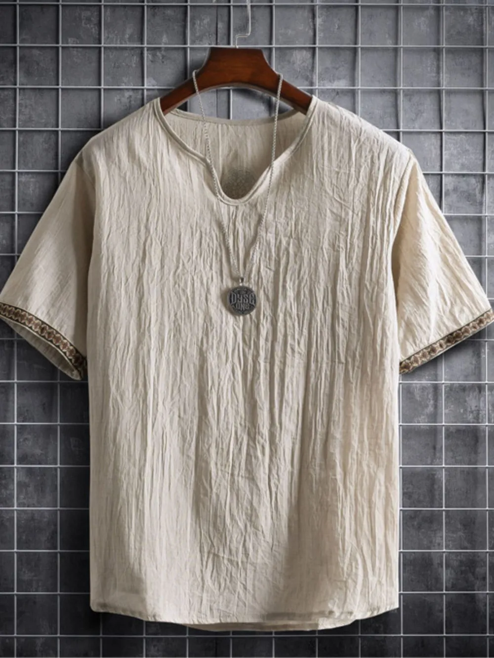 Men's Plus Size Texture Short Sleeve Top with Ethnic Trim, image 7