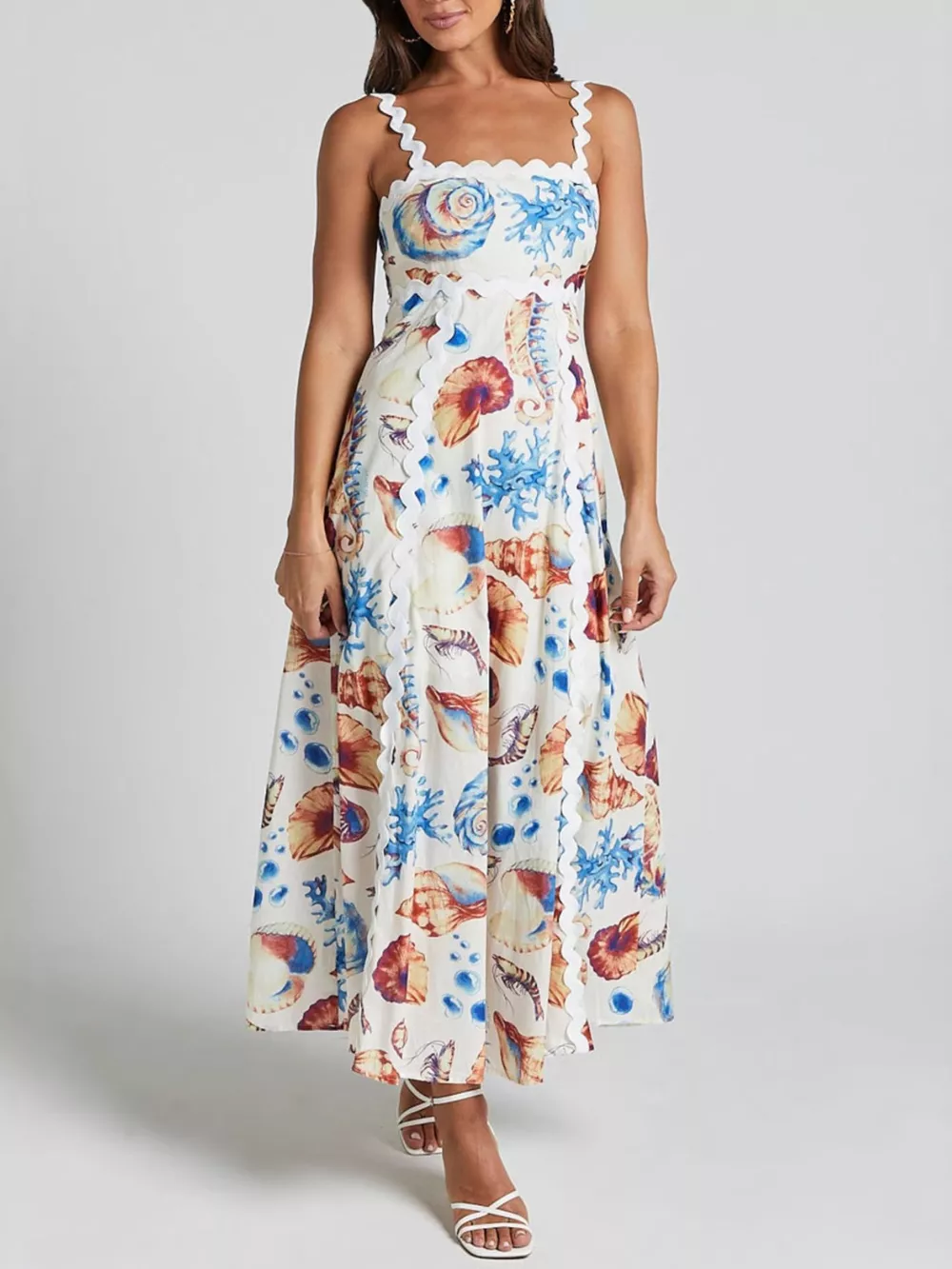 Seashell Print Scalloped Midi Dress