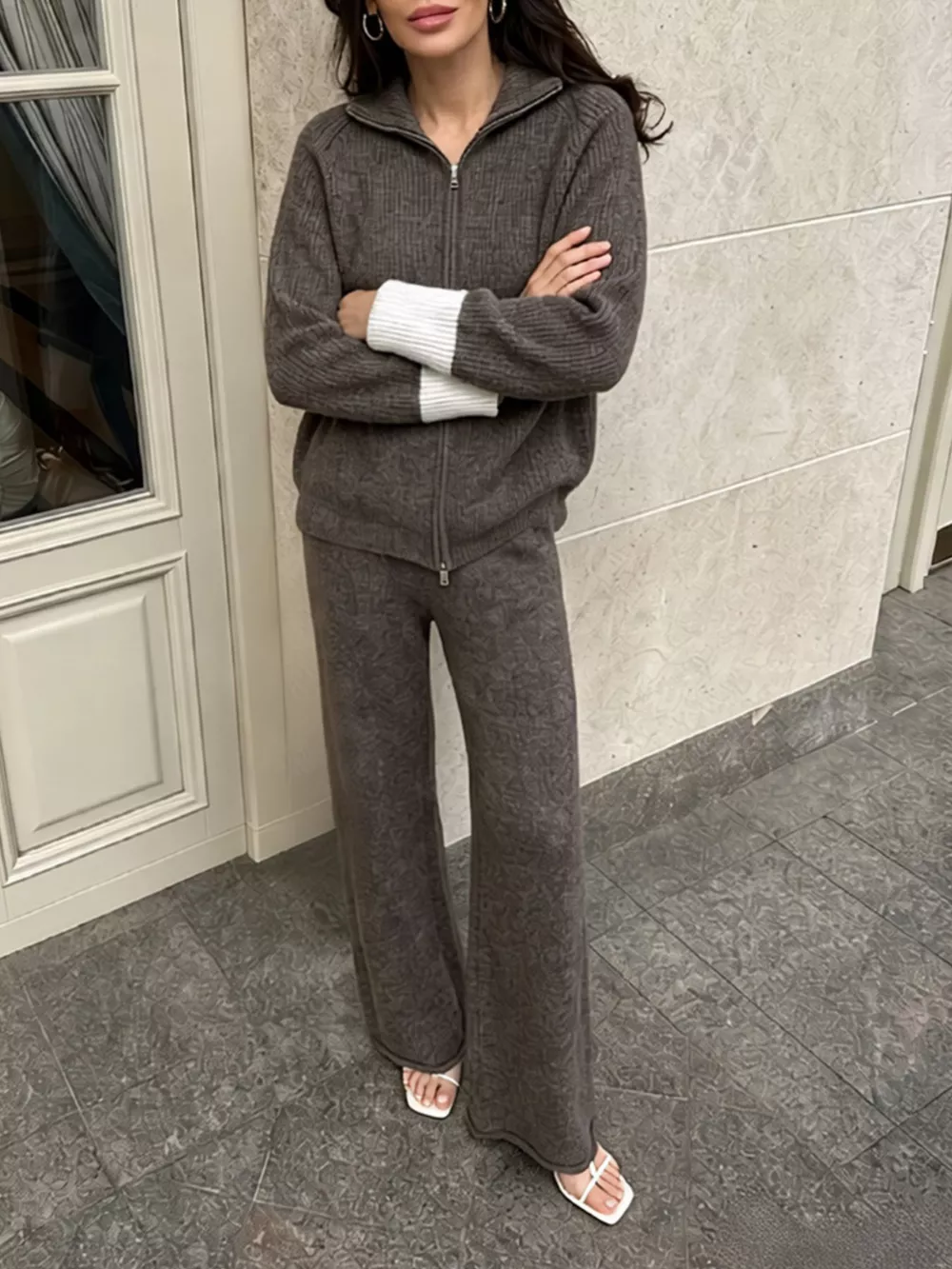 Zip-Up Contrast Cuff Cardigan and Pants Sweater Set, image 21