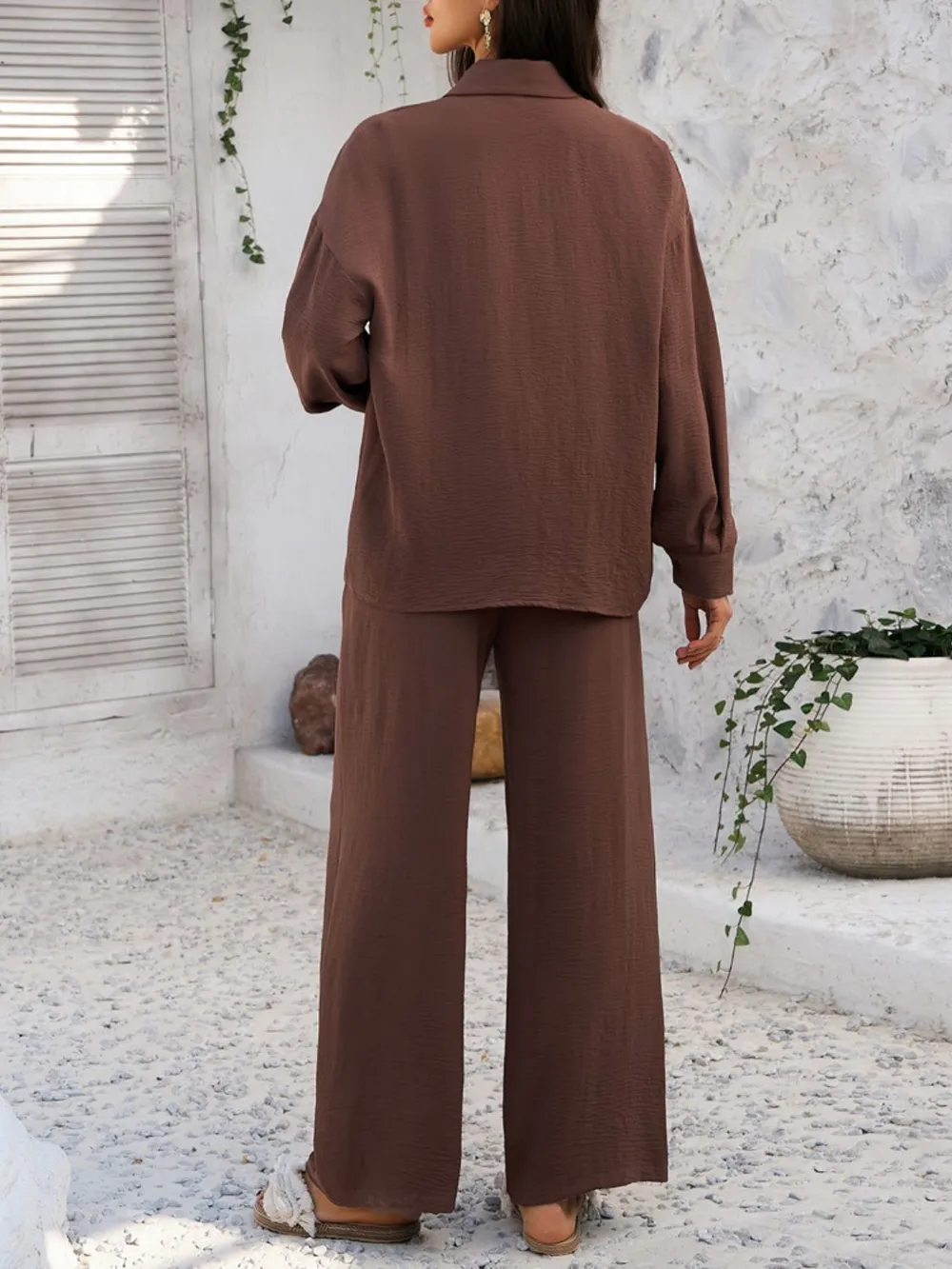 Collared Neck Long Sleeve Top and Pants Set, image 6
