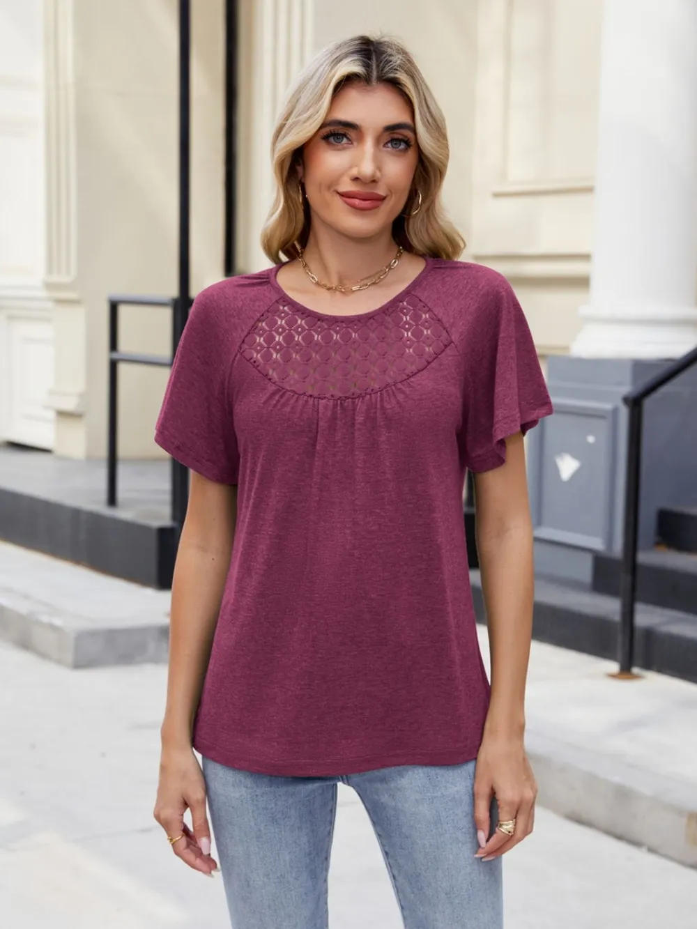 Lace Detail Round Neck Short Sleeve Blouse, image 12