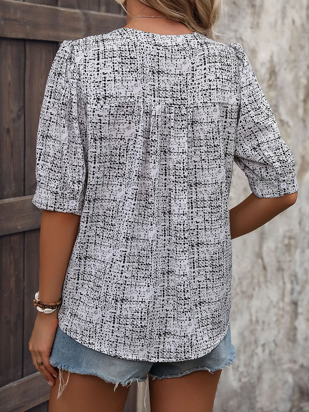 Printed Notched Half Sleeve Blouse, image 2
