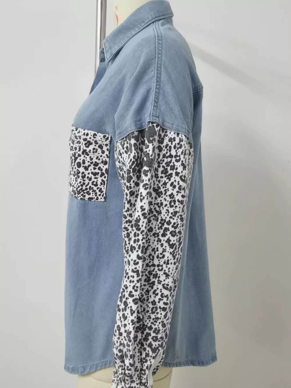 Leopard Patchwork Button Up Denim Shirt, image 7