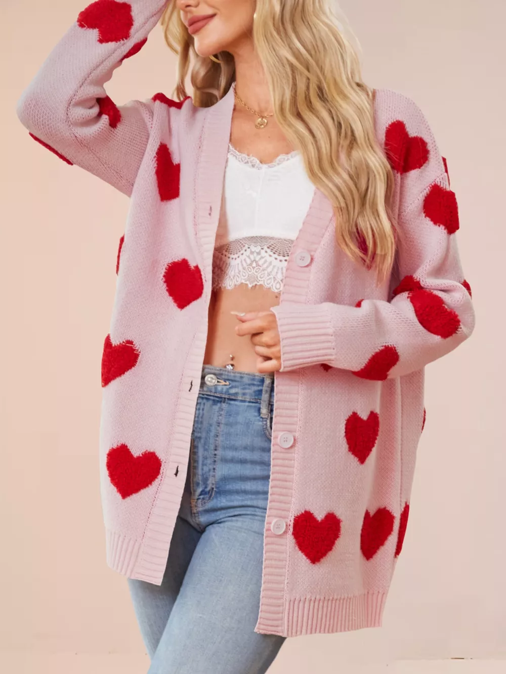 Heart Pattern Knit Button-Up Cardigan, image 3