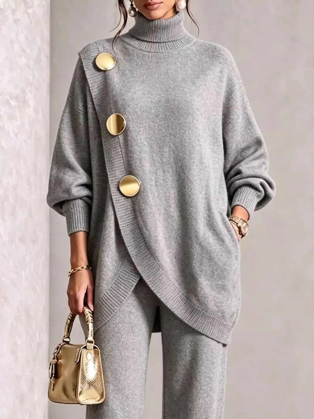 Gold Button Accent Turtleneck Sweater and Pants Set, image 10